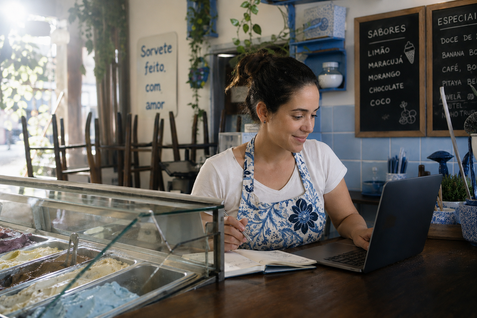 Empreendedora de sorveteria acompanhando as vendas na plataforma Monedd Bank pelo notebook
