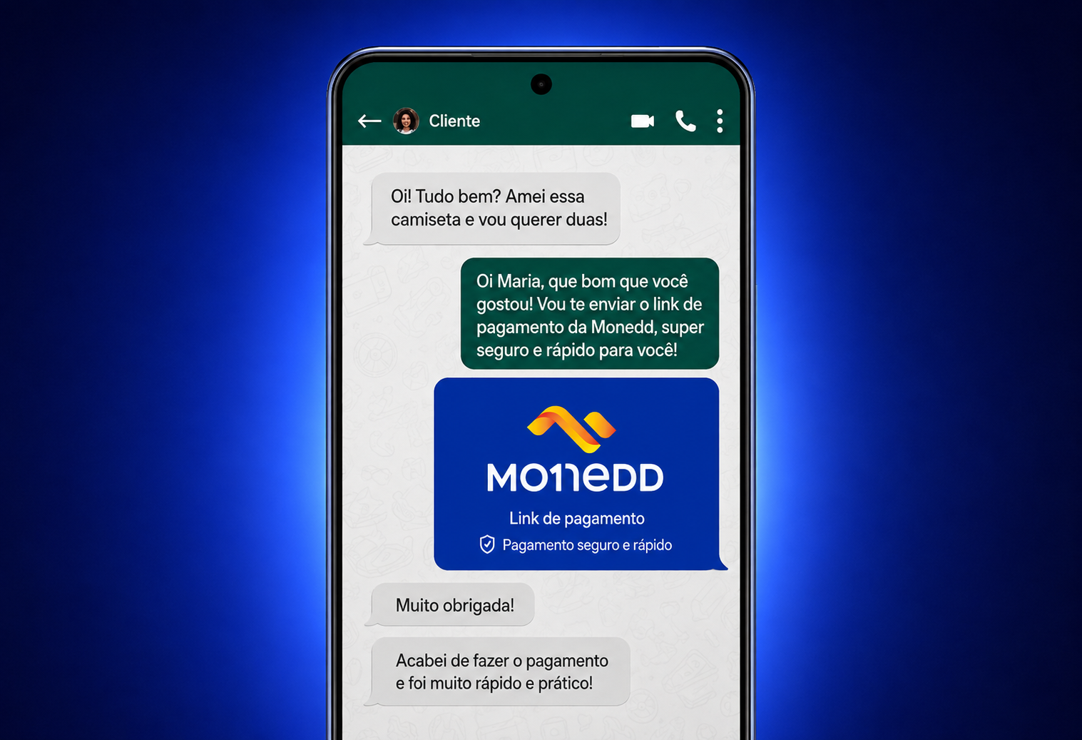 Celular exibindo link de pagamento Monedd enviado no WhatsApp
